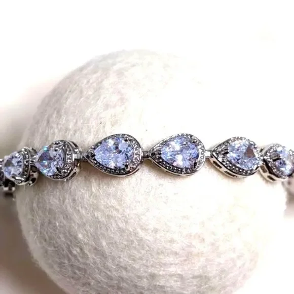 Y2K Cubic Zirconia Rhodium Plating Pear Shaped Stone Tennis Bracelet - Picture 6 of 12